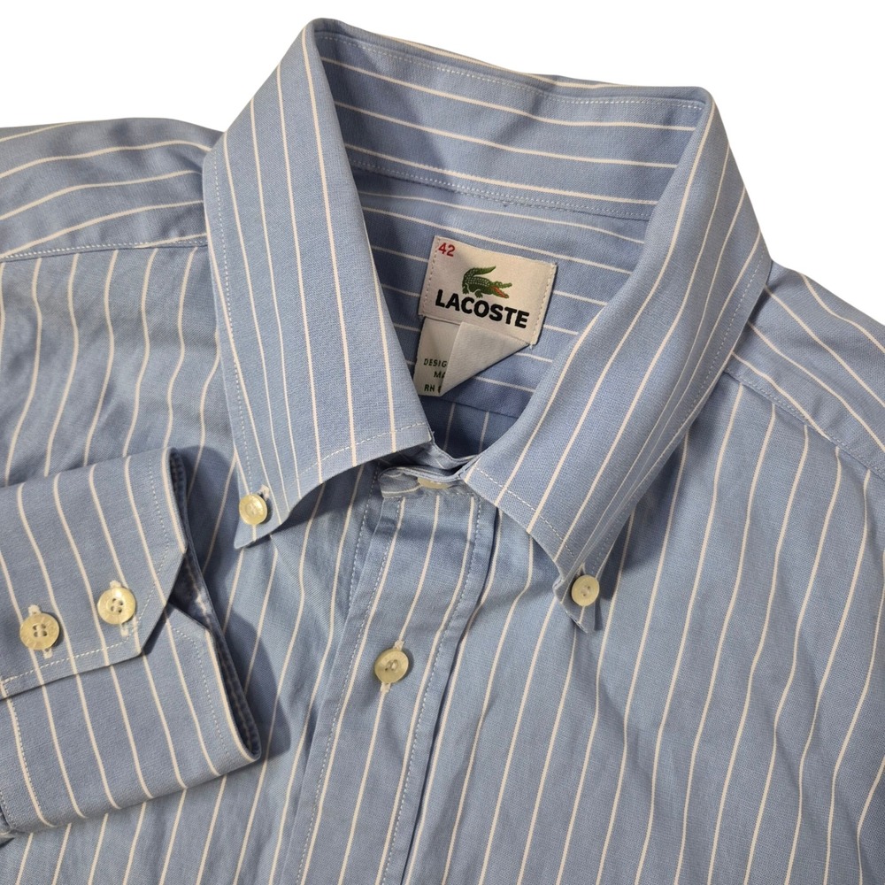 Lacoste Button Down Shirt Mens 42 Blue White Striped Heritage Classic Cotton L